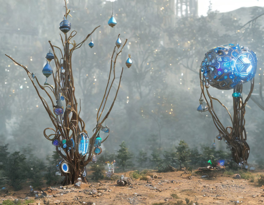 Barren trees with blue and silver ornaments in mystical forest scene