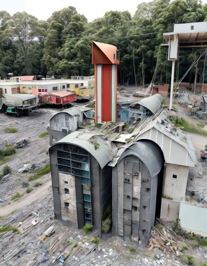 Dilapidated Industrial Building with Curved Design and Rusted Silo