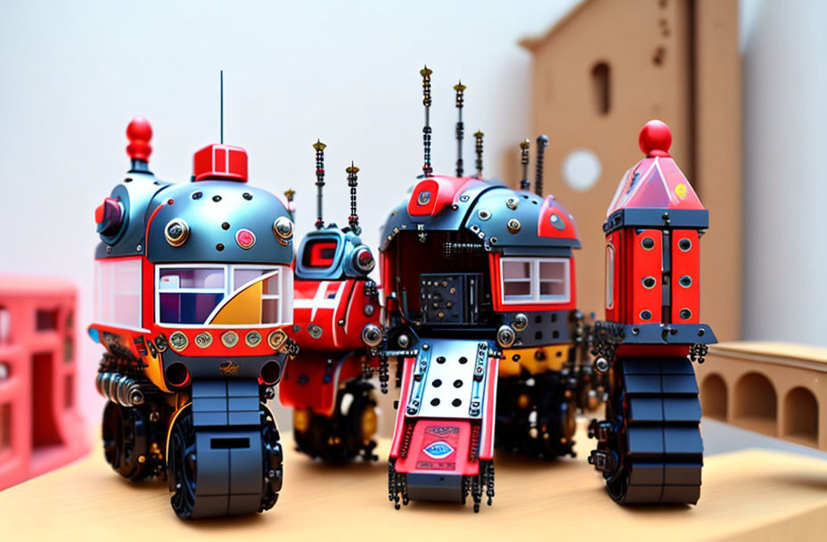 Colorful Vintage Toy Robots on Wooden Surface with Antennas