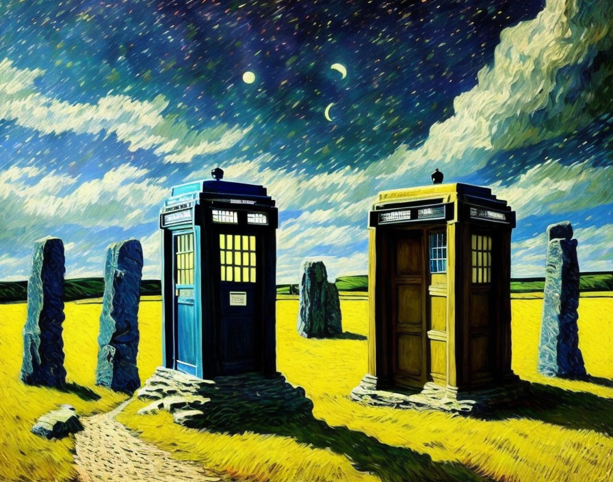 Starry sky with dual moons and police boxes in a field