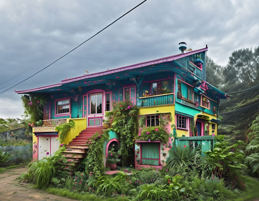 Colorful Eclectic House with Pink, Green, and Yellow Hues Among Lush Vegetation