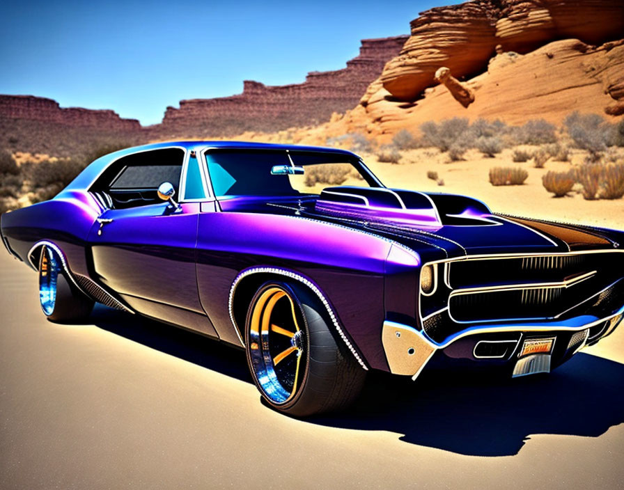 Shiny Purple Muscle Car with Black Stripes in Desert Landscape