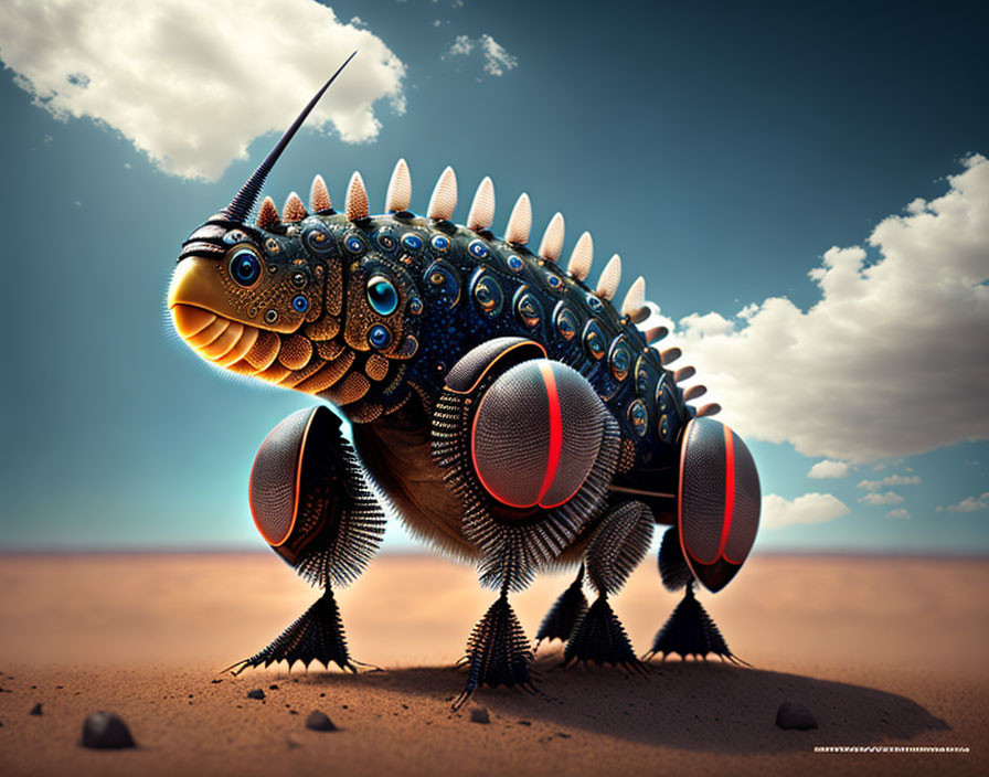 Mechanical fish-like creature walking in sandy landscape