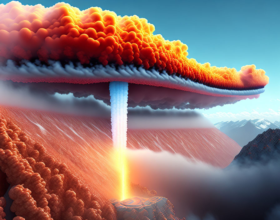 Vibrant mushroom cloud with fiery core over mountainous landscape