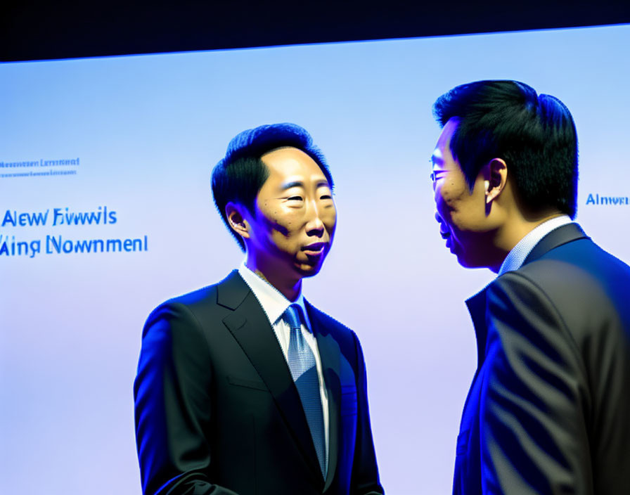 Two Men in Business Suits Talking Against Presentation Screen