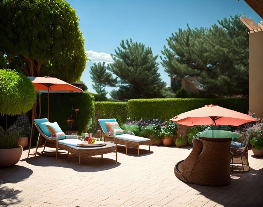 Sunny Patio with Loungers, Wicker Sofa, and Orange Umbrellas