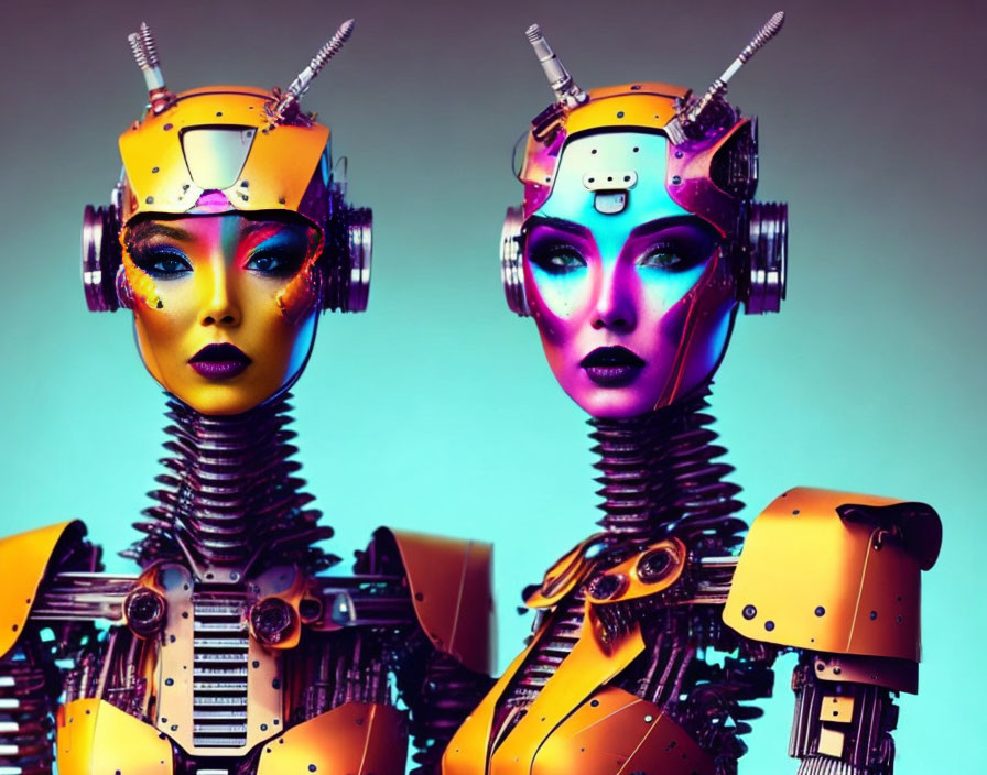 Futuristic female robots with detailed mechanical features on turquoise background