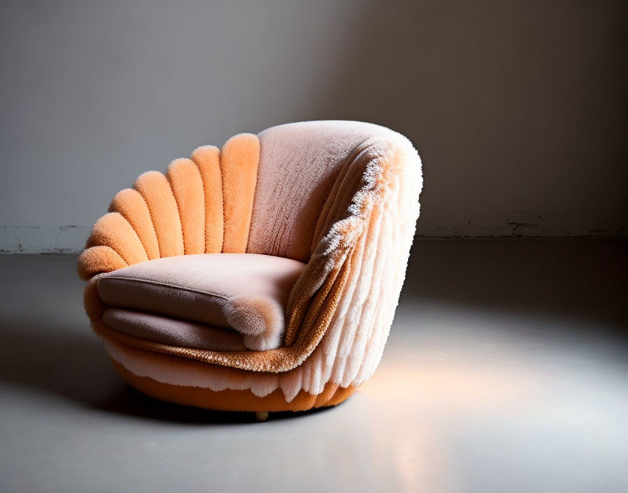 Peach-Colored Shell-Like Armchair Against Plain Background