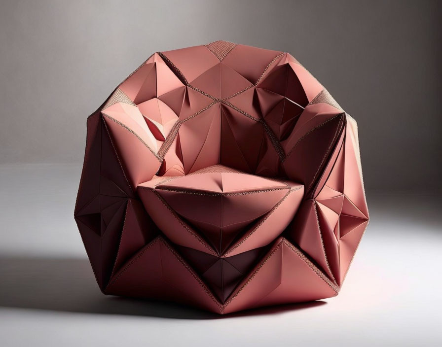 Geometric Red Chair with Faceted Surfaces in Softly Lit Room