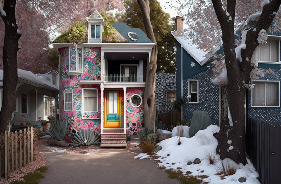 Whimsical two-story house with pink floral patterns in snowy setting