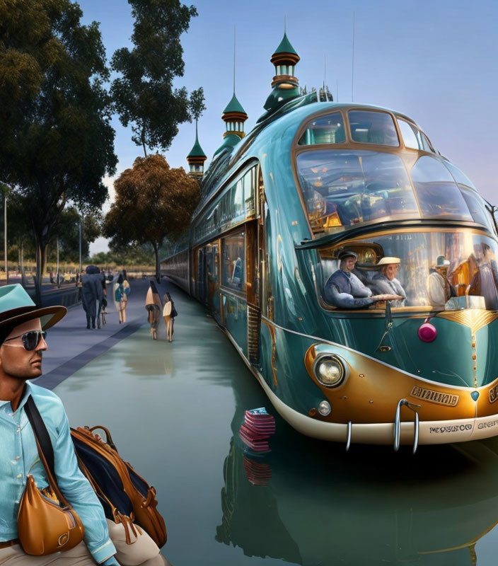 Fashionable individual at tram stop with teal futuristic tram in serene setting