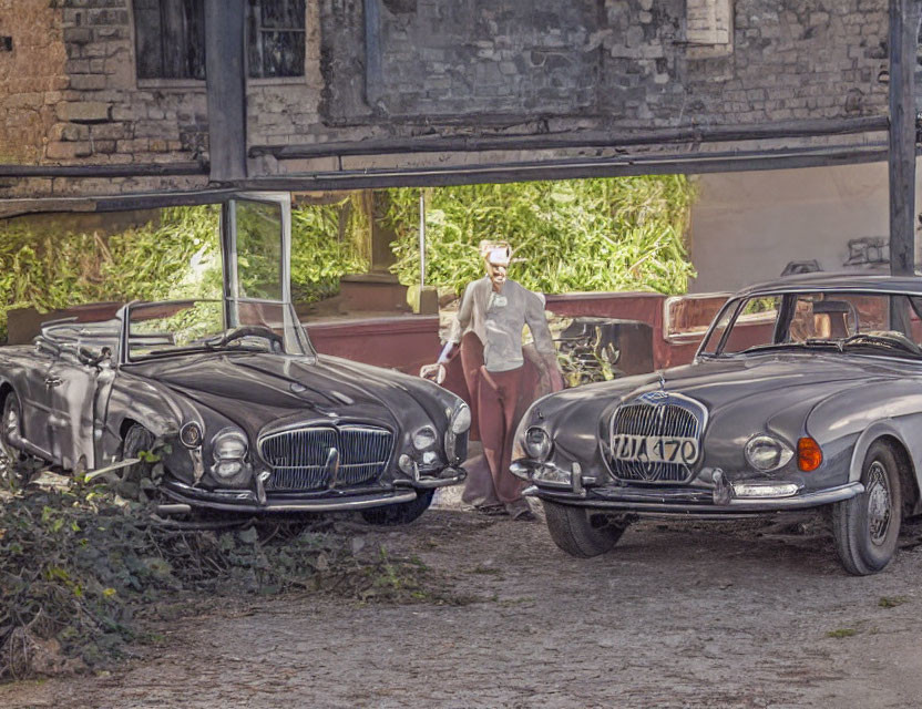 Vintage attire person between classic cars and old building in stylized photo