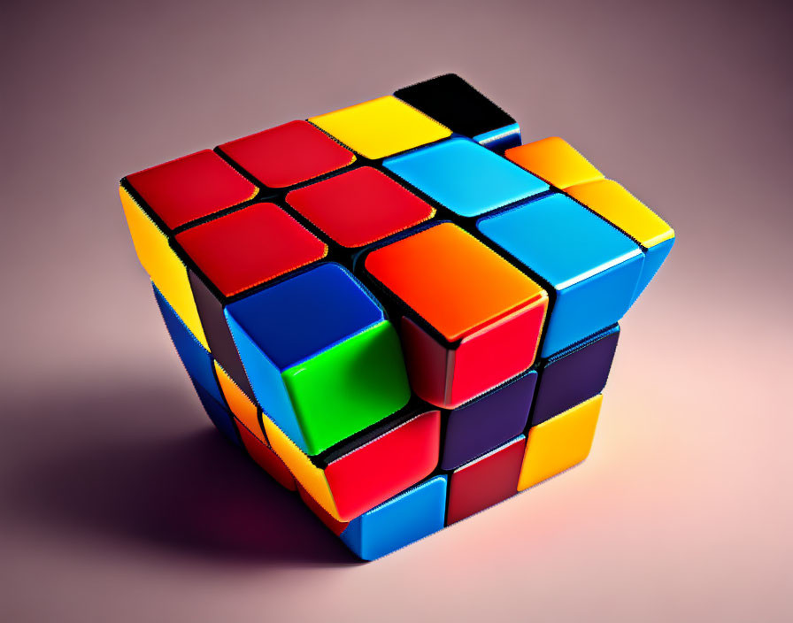 Partially solved Rubik's Cube with colorful sides on pink background