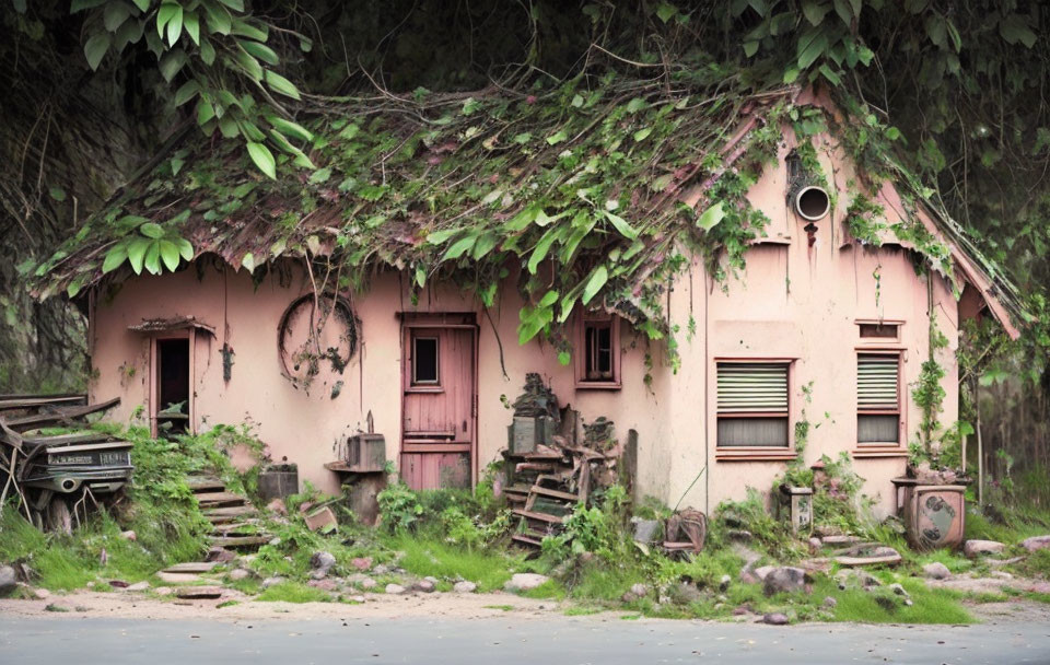 Weathered pink facade of vine-covered old house with vintage truck, wooden steps, and rustic decor.