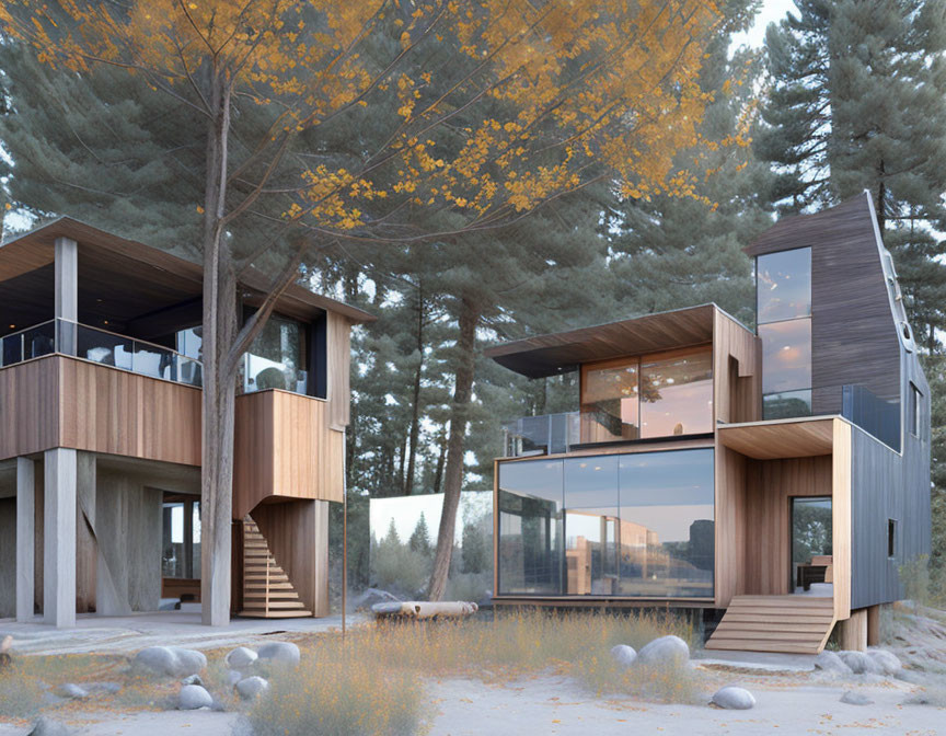 Contemporary two-story houses with expansive glass windows in autumn forest setting