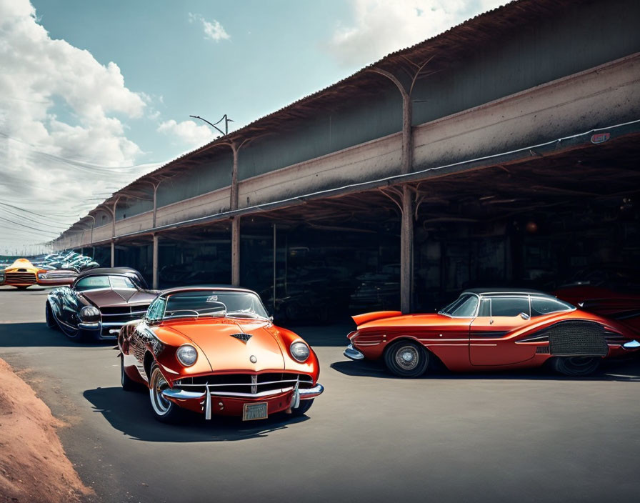 Classic Cars Parked Under Overpass with Clear Blue Sky