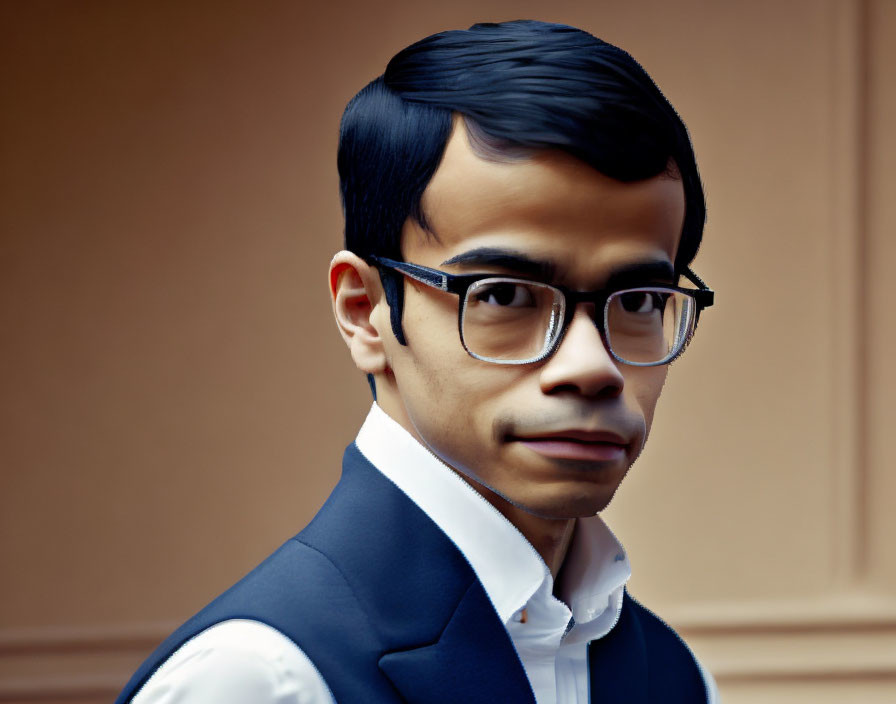 Bespectacled man in dark vest and white shirt on tan background