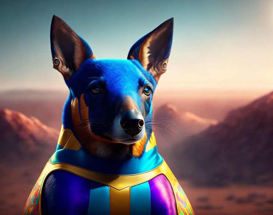 Digitally rendered dog with glossy blue coat and Egyptian-style collar in desert scene