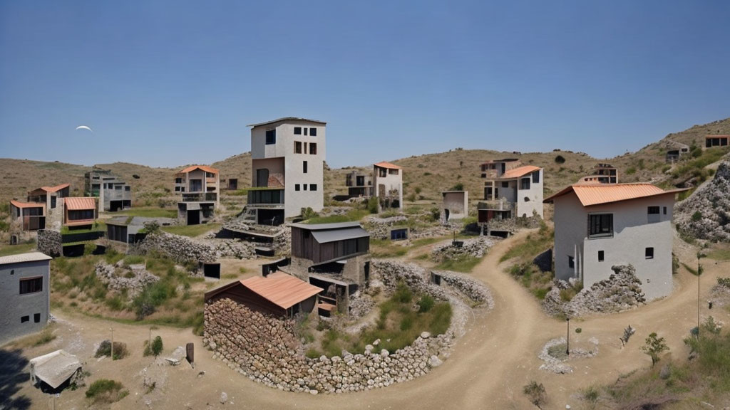 Unfinished dilapidated buildings in abandoned housing development