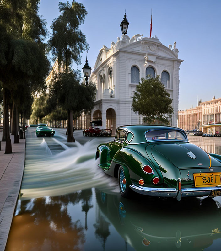 Vintage Green Car Parked on Tree-Lined Street by Historic Building