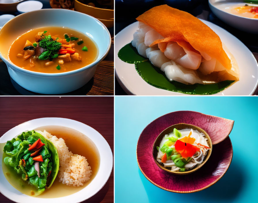 Assorted Dishes: Creamy Soup, Seafood, Veggies, Broth with Garnishes