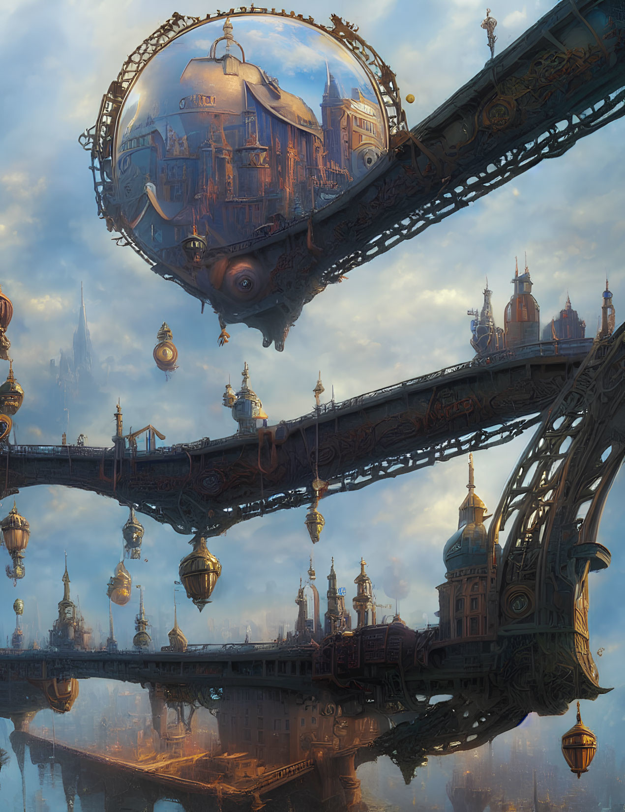 Detailed Steampunk Cityscape with Bridges, Floating Structures, and Airships