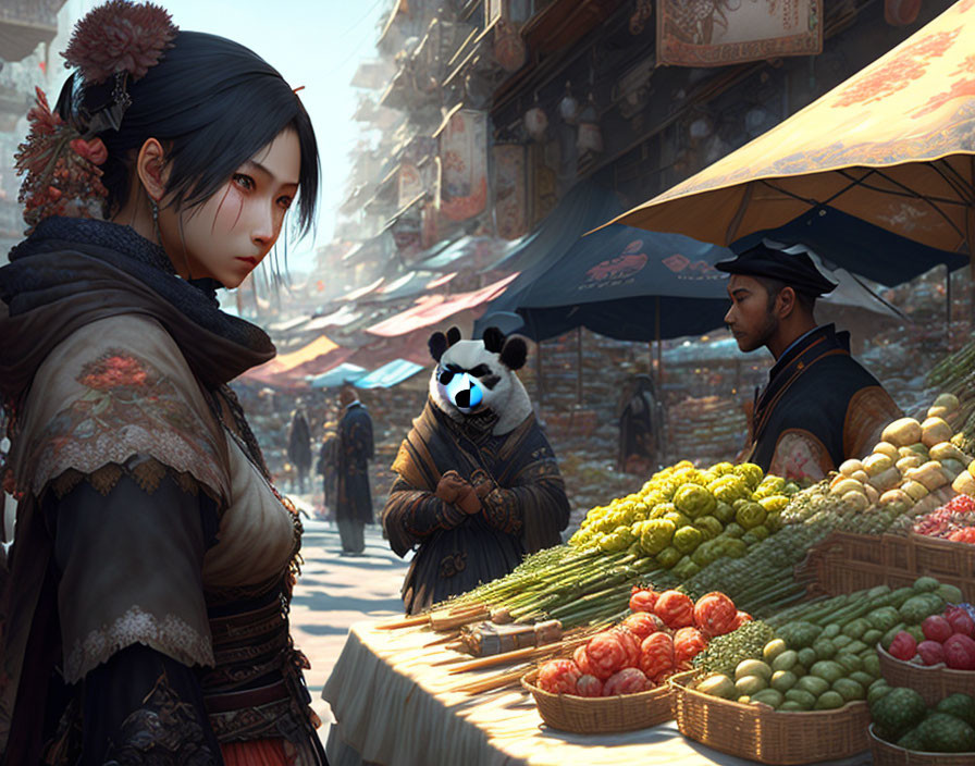 Traditional attire woman in bustling Asian market with panda and fruit vendor.