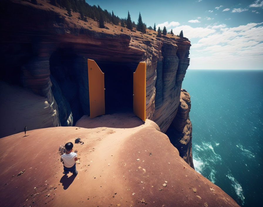 Person sitting in front of large yellow doors overlooking ocean cliffside