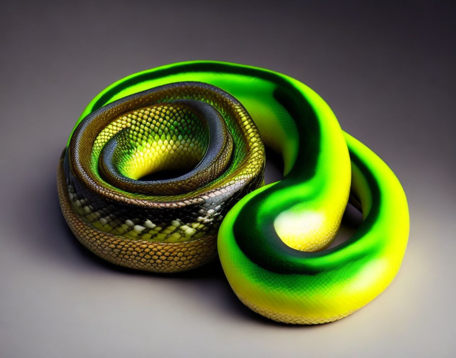 Vibrant neon green and yellow snake in coiled position.