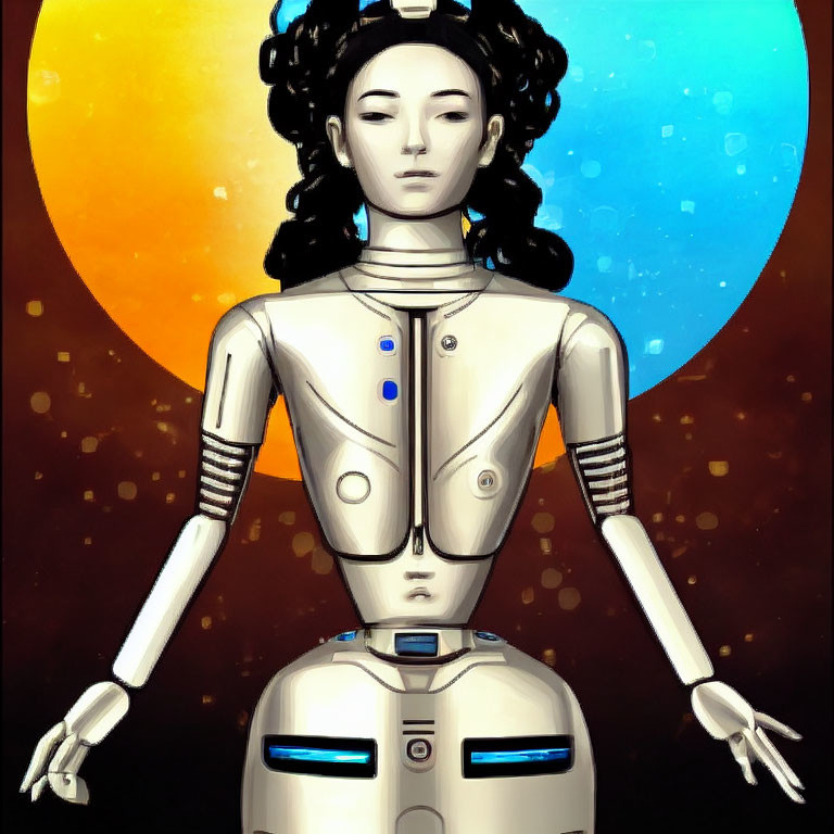 Feminine humanoid robot on orange and blue planet background