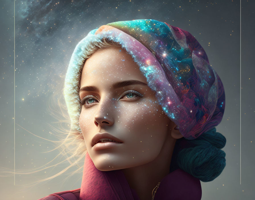 Galaxy Patterned Beanie Woman Contemplating Distance