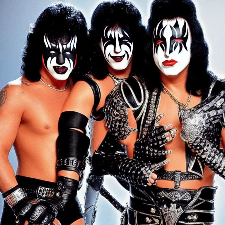 Three individuals in KISS-inspired face paint and rock attire.