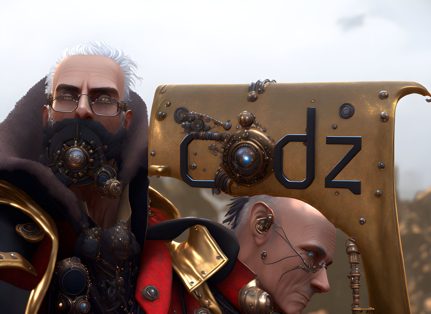 Detailed 3D artwork of two steampunk characters with mechanical monocle and goggles, in orn