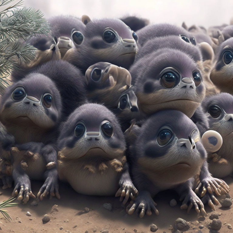 Animated creatures with large eyes huddle together in muted tones