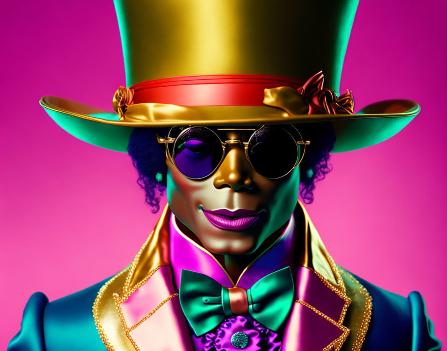 Colorful Outfit: Green Top Hat, Round Sunglasses, Multicolored Suit on Pink Background