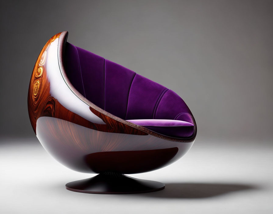 Egg-shaped chair with glossy wood exterior and purple velvet interior on circular base