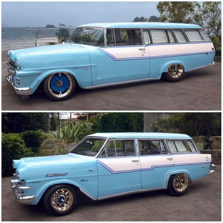 Classic Blue and White Station Wagon by Water and Trees