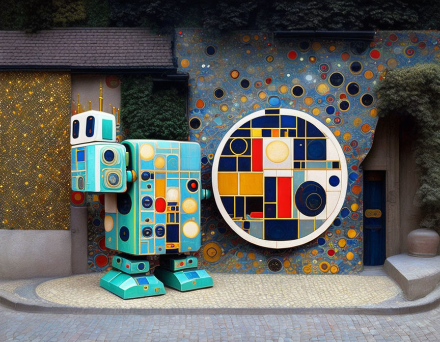 Colorful Robot Sculpture Next to Vibrant Mosaic Wall & Greenery