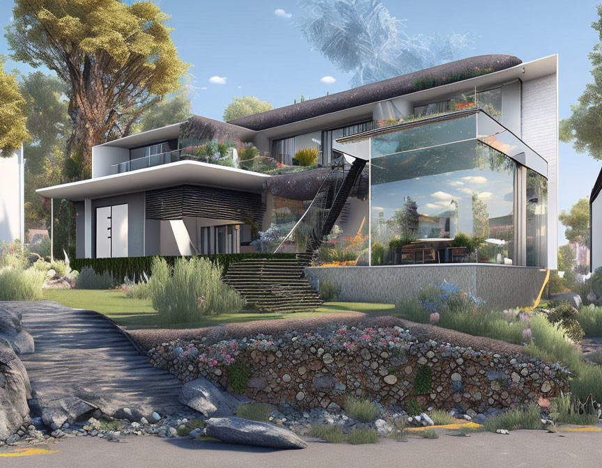 Contemporary House with Large Glass Windows, Green Roof, Terrace, Lush Garden, and Rocky Landscape