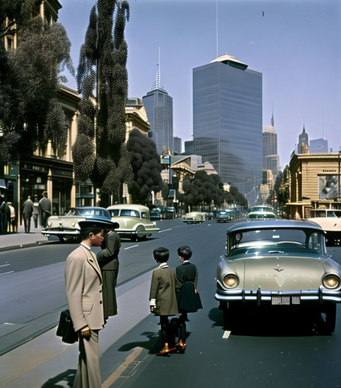 Classic Cars and Retro Skyscrapers in Vintage City Street Scene