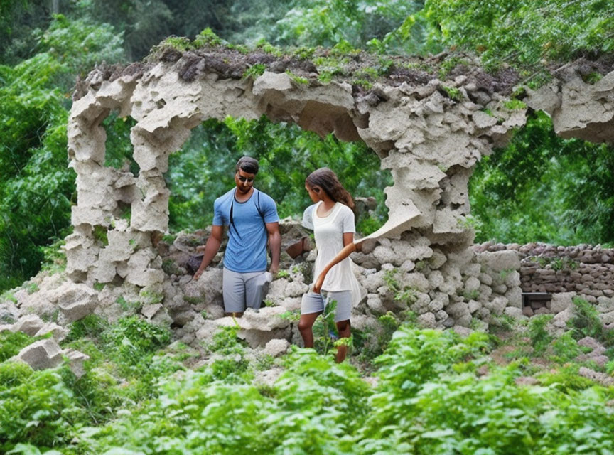 Exploration of ancient ruins with weathered archway and lush greenery