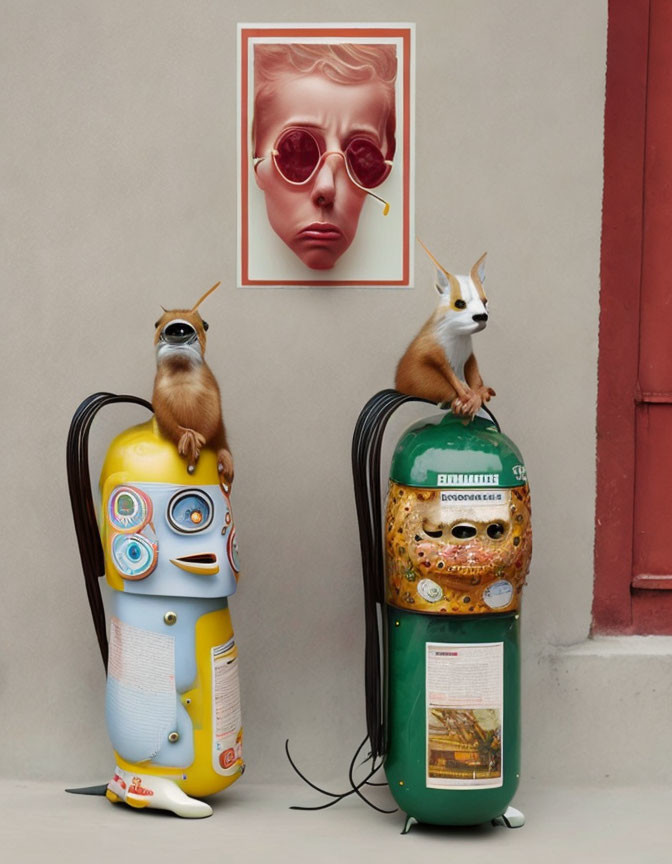 Whimsical retro appliance characters with meerkats and surreal portrait wall display