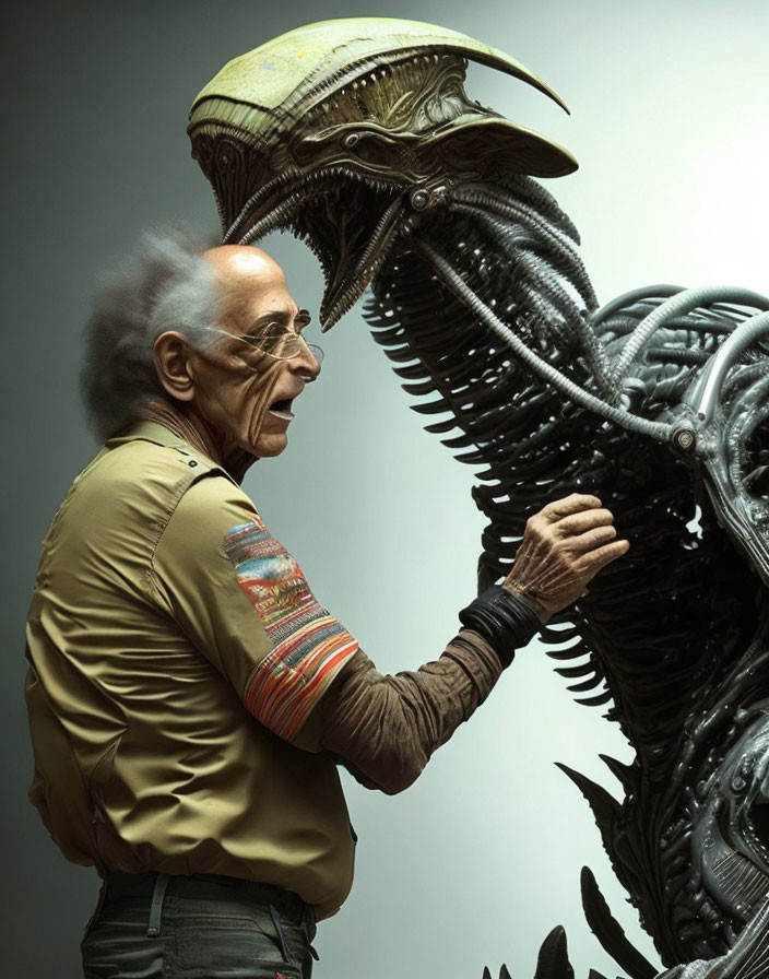 Grey-haired man with distinctive glasses next to life-sized xenomorph in surreal scene