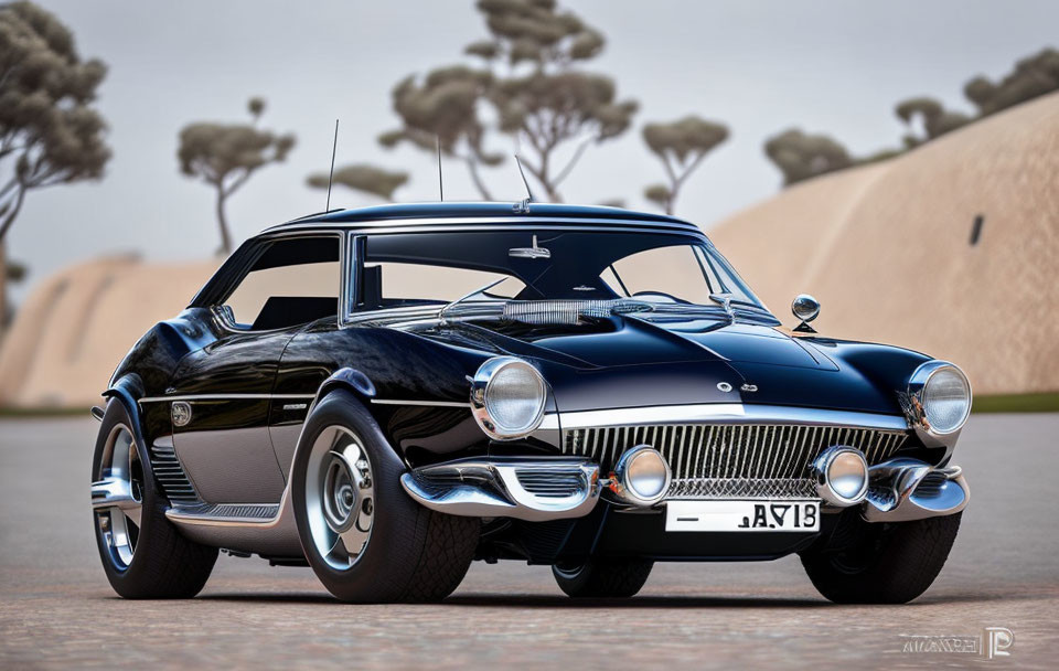 Black sports car with chrome detailing parked on paved area with trees and curved structure.