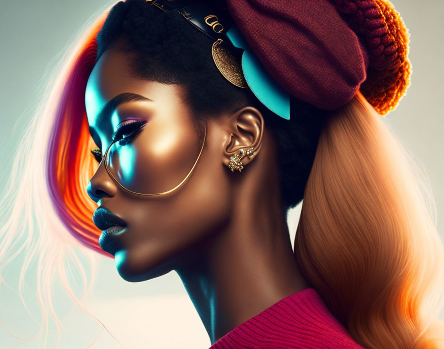 Profile view of woman with ombre hair in turban and sunglasses, showcasing vibrant colors and makeup