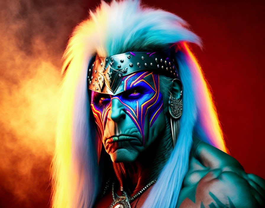 Colorful face paint and mohawk headdress on red background.