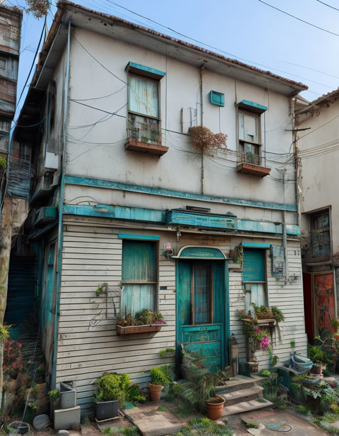 Vintage two-story house with green shutters, teal door, and potted plants.