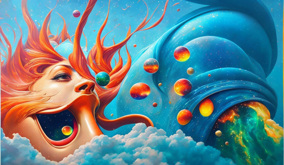 Vibrant digital artwork: Woman with fiery orange hair in cosmic scene