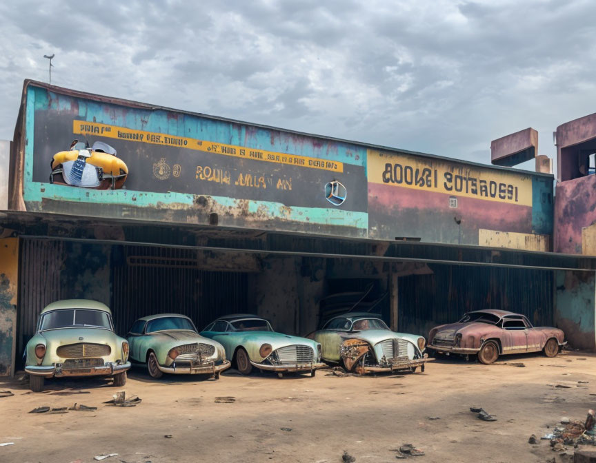 Vintage cars parked under decaying building with retro signage against cloudy sky.