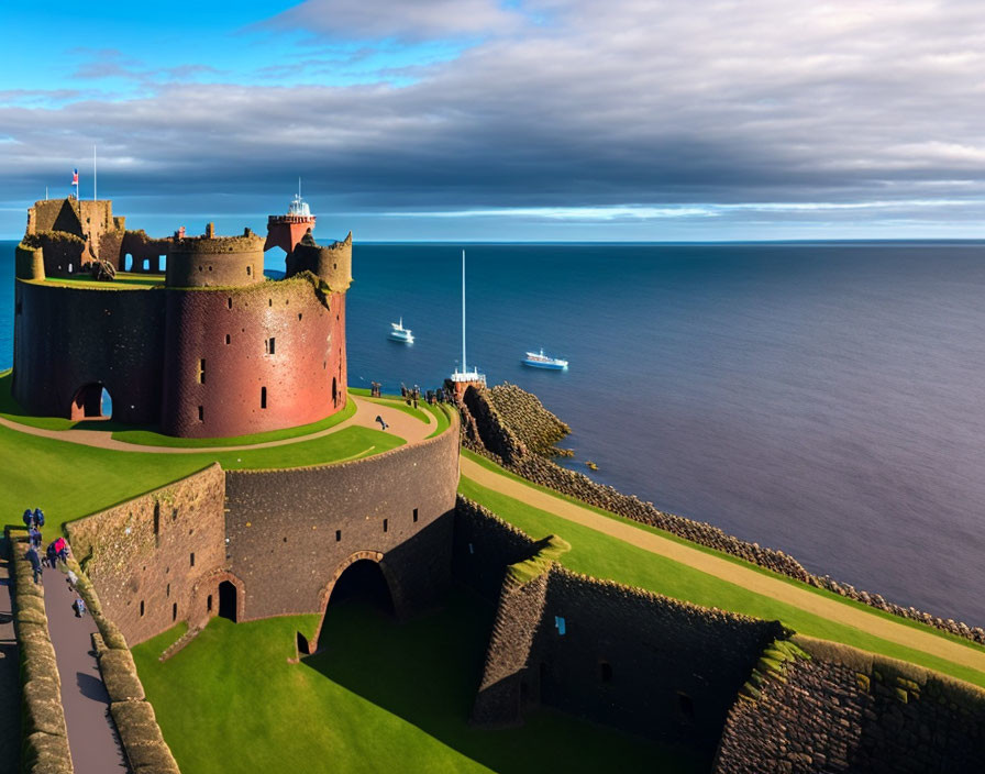 Coastal castle with round tower by tranquil sea and sailing boats under partly cloudy sky